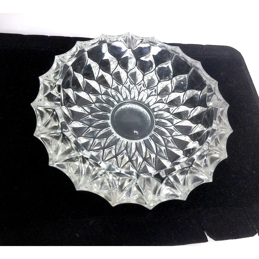 Vintage Round Cut Crystal Glass Ashtray Trinket Dish Heavy Starburst Diamond MCM